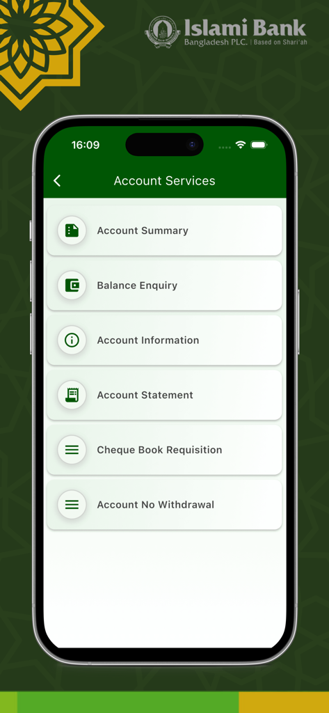 IBBL iSmart mobile app account services screen showing balance enquiry and statement options