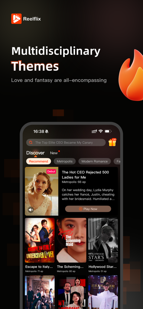 Interface do aplicativo Reelflix exibindo uma variedade de categorias e títulos de dramas curtos como romance com CEOs e fantasia