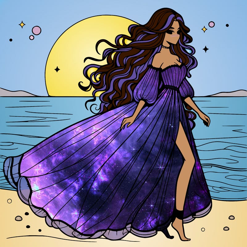 beautiful woman with a vaporous long dress walking on the beach at the noon, detailed art