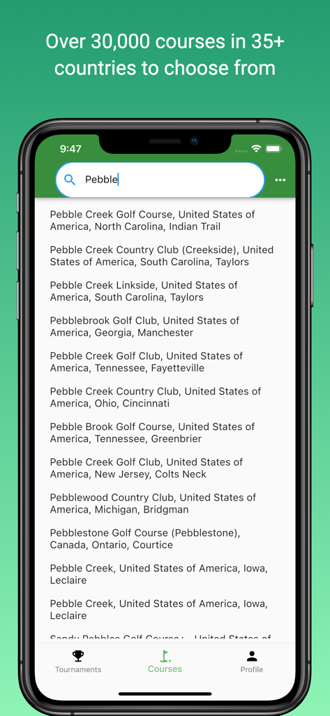 Capture d'écran de l'application Squabbit montrant une recherche de parcours de golf avec plus de 30000 options dans le monde.