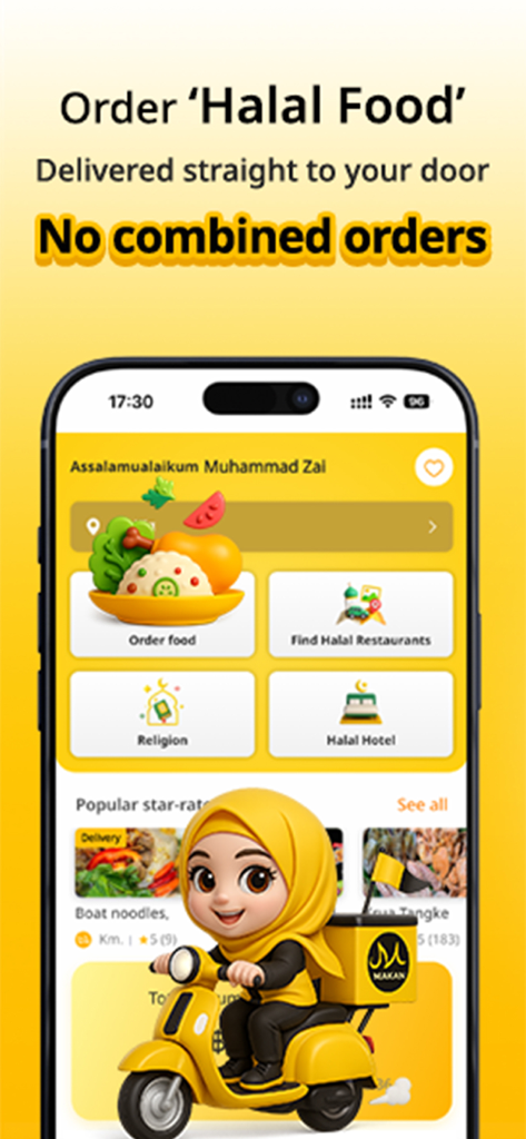 Makan Halal - The Makan Halal mobile app interface displaying food delivery services, halal restaurant discovery, and hotel booking options for travelers in Thailand.