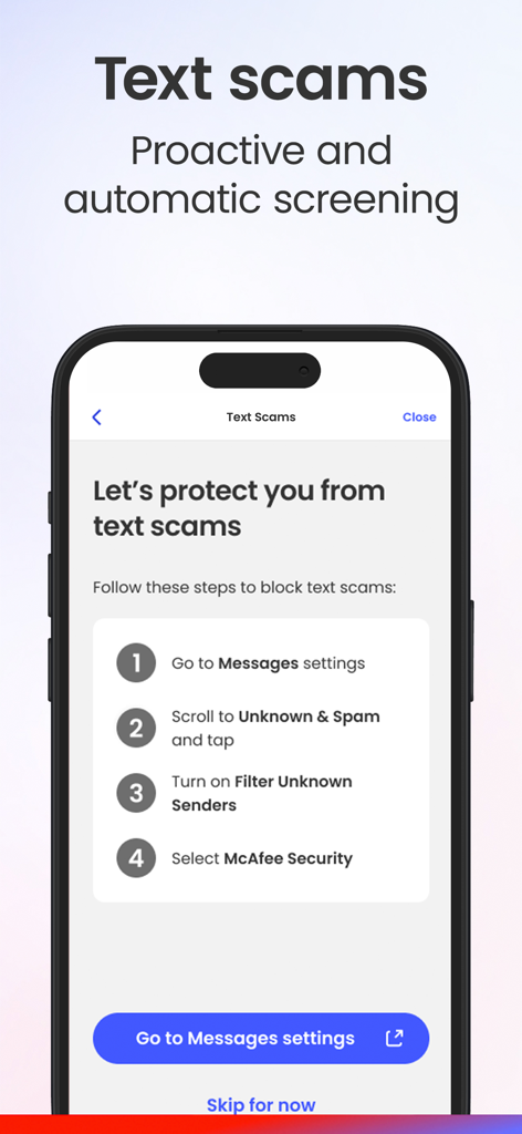 Instructions étape par étape pour activer le filtrage proactif des arnaques par SMS dans l'application McAfee Security