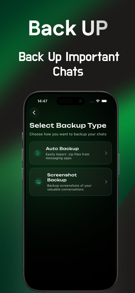 Waper: Recover Deleted Message - Waper app screen showing auto and screenshot backup options for chats