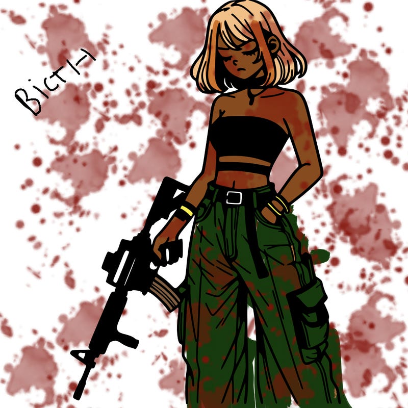 a dangerous girlcrop top and baggy jeans with a rifle in her hand