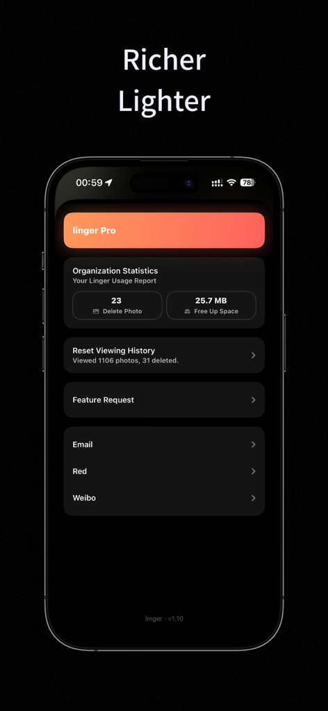 linger - Photo Cleaner - Pantalla de estadísticas de organización de la aplicación limpiadora de fotos linger que muestra el almacenamiento ahorrado y las fotos eliminadas.