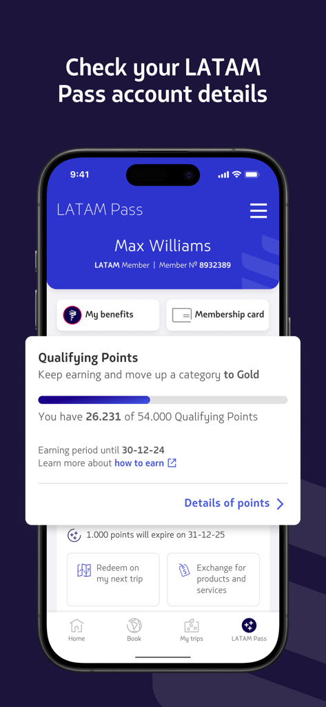 LATAM: Flights, Hotels, Cars - Mobile app screen showing LATAM Pass account details and qualifying points progress