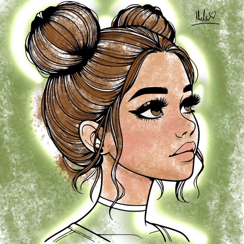 realistic girl with buns on the top of her head