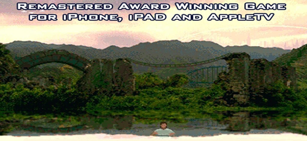 Paysage cinématique remasterisé dessiné à la main du jeu The Escapee représentant des ruines et une vallée.