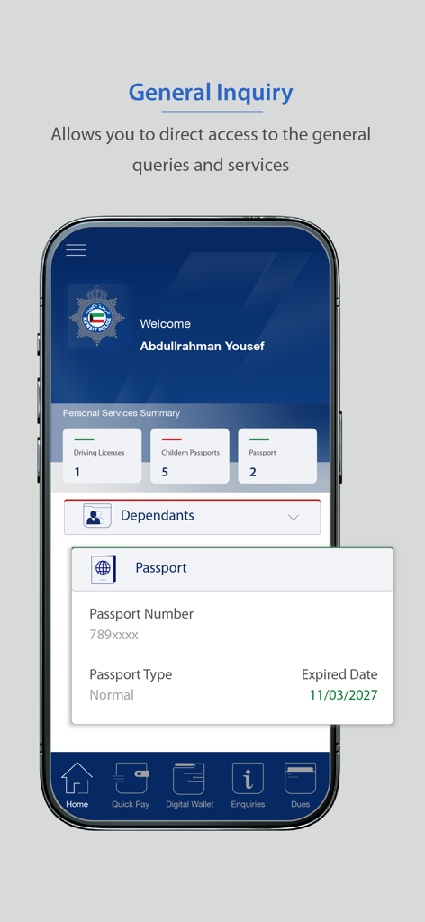 Mobile interface of the MOI Kuwait app showing a personal services summary and detailed passport information
