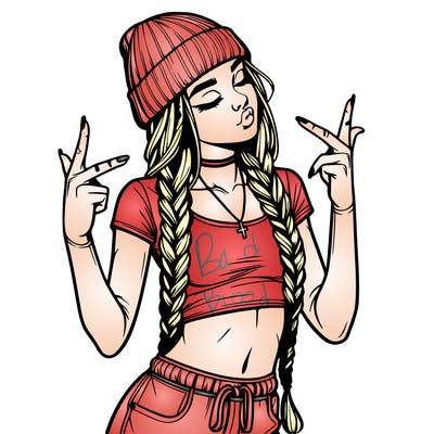 realistic teenage girl with braids and a beanie and crop top doing 🫶🏼