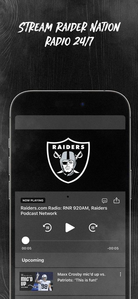Interfaccia di streaming 24 ore su 24, 7 giorni su 7 di Raider Nation Radio sull'app mobile dei Raiders