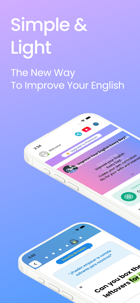 Spoken English Sentence 10000+ - A mobile app interface showcasing a simple way to learn English with a Spanish to English sentence translation example.