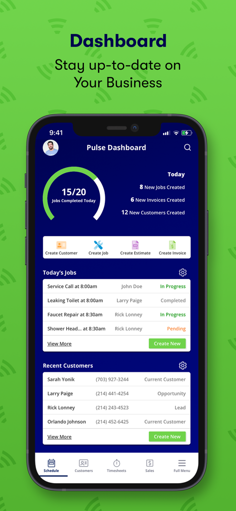 FieldPulse mobile app dashboard showing daily job status, customer lists, and business metrics for contractors