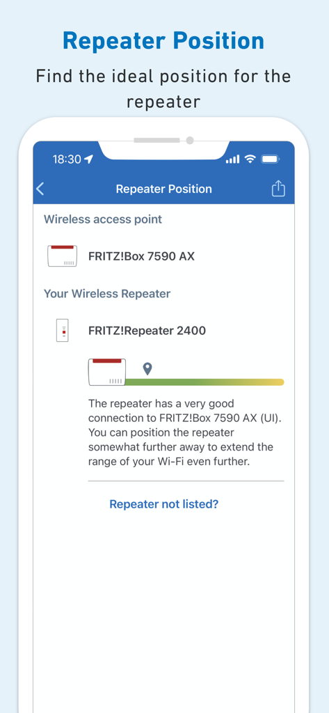 FRITZ!App WLAN-Bildschirm mit optimaler Platzierung und Verbindungsqualität für einen drahtlosen Repeater.