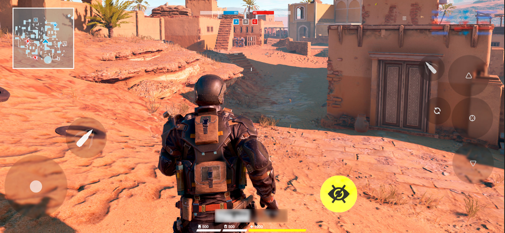 Battle Prime: Shooting games - Third person gameplay of Battle Prime showing a soldier in a realistic desert town environment with mobile controls