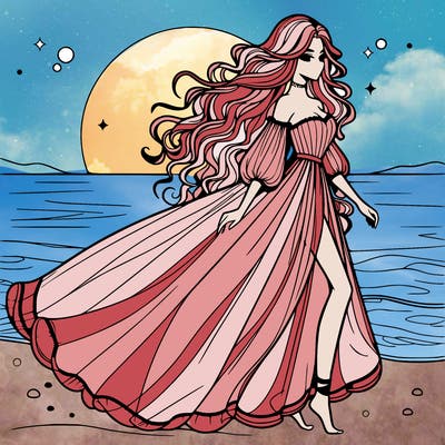 beautiful woman with a vaporous long dress walking on the beach at the noon, detailed art
