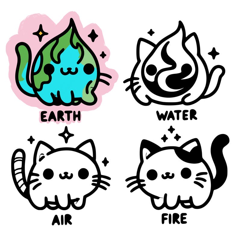 4 cats that represent the different elements, earth, water, air, and fire