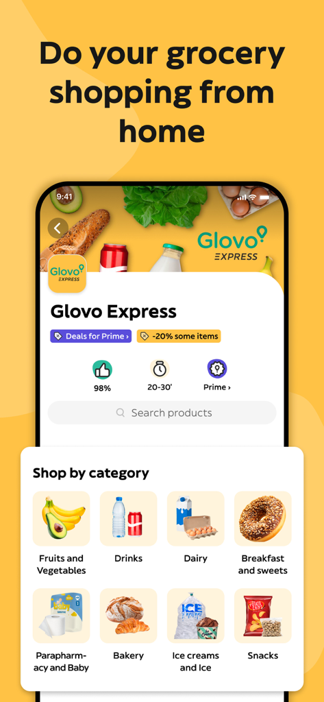Glovo app interface showing grocery shopping categories for home delivery