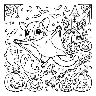 Get ready for a frightfully delightful coloring experience with our charming sugar glider amid a festive Halloween scene. This intricate page is packed with spooky elements like jack-o'-lanterns, ghosts, and a haunted house, perfect for all ages.