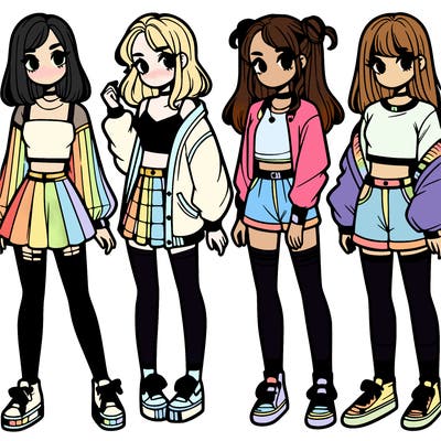 one girl with crop-top shirt and a jacket with a skirt, long socks and another girl with a shirt and pants with a jacket