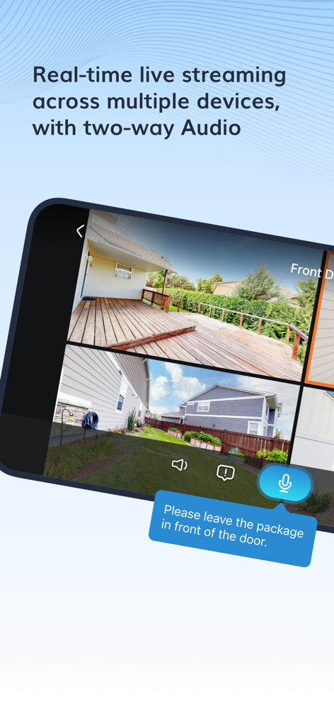 Aosu mobile app interface showing real-time live streaming from multiple security cameras and a two-way audio communication feature.
