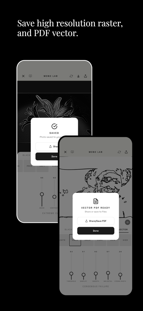 Mono Lab - Interface of Mono Lab app showing high resolution raster and PDF vector save options