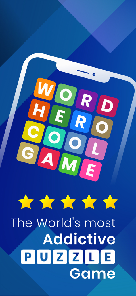 WordHero: word search game - WordHero app showing a colorful 4x4 letter grid on a smartphone screen with a five star rating