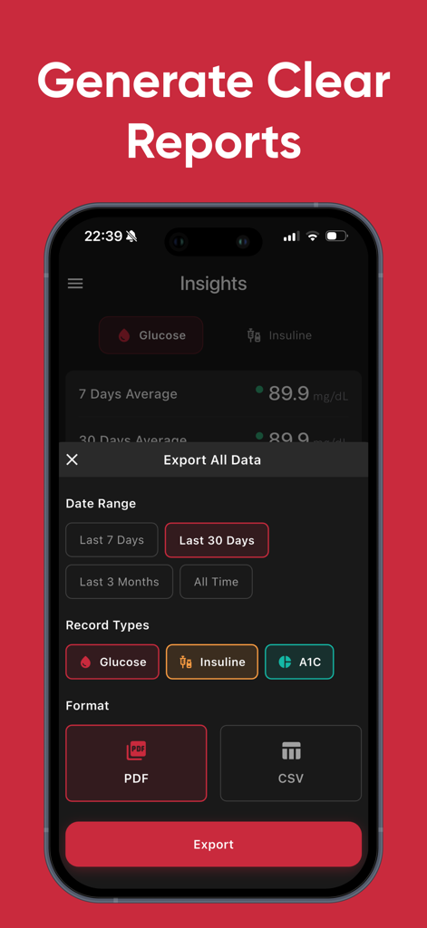 Gluco - Blood Glucose Monitor - Gluco app interface showing data export options for glucose insulin and A1C in PDF or CSV format