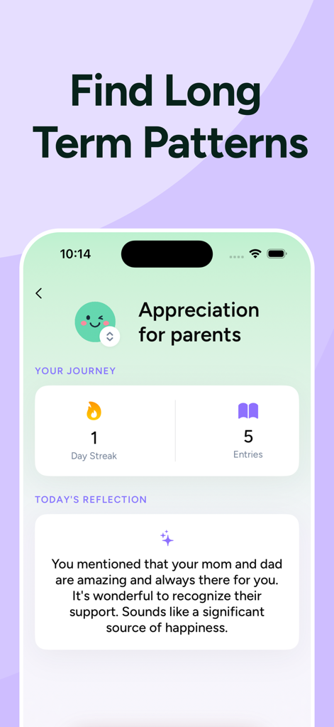 Gratitude Journal: Cherish AI - Mobile screen showing the Cherish AI gratitude journal app with a personalized reflection and user journey stats