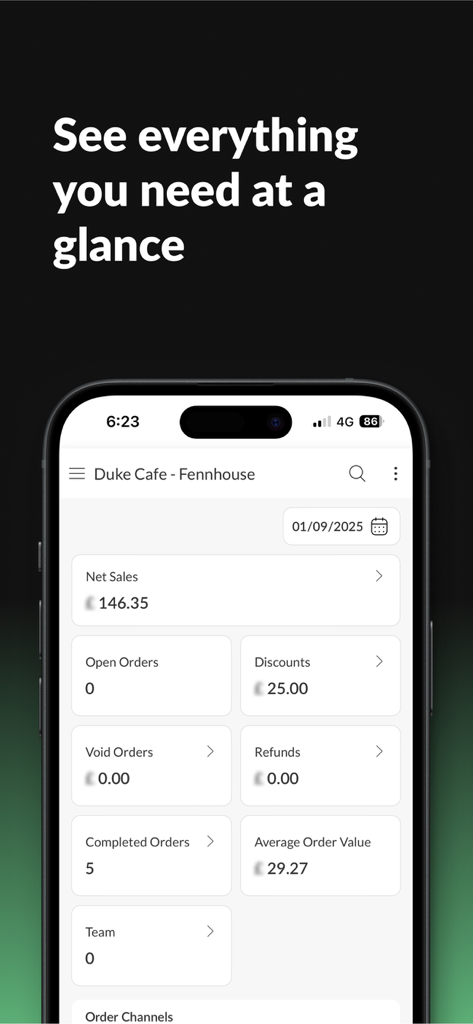 Dashboard view of the My Business Hub app showing real-time sales and order metrics for a restaurant manager