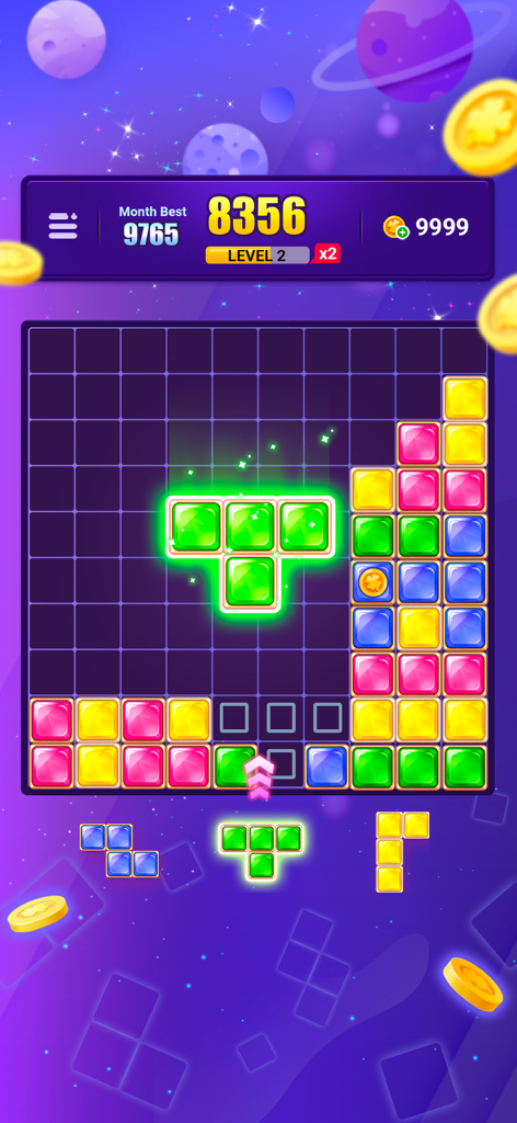 Block Puzzle Jewel :Gem Legend - Blocos de joias coloridas sendo colocados em uma grade 10x10 em um jogo de quebra-cabeça com tema espacial
