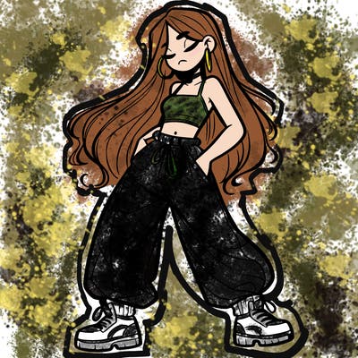 girl in baggy pants crop top and long hair