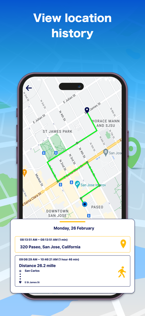 Real-time GPS Location Sharing - Tela do iPhone exibindo o recurso de histórico de localização com uma rota mapeada e detalhes da viagem.