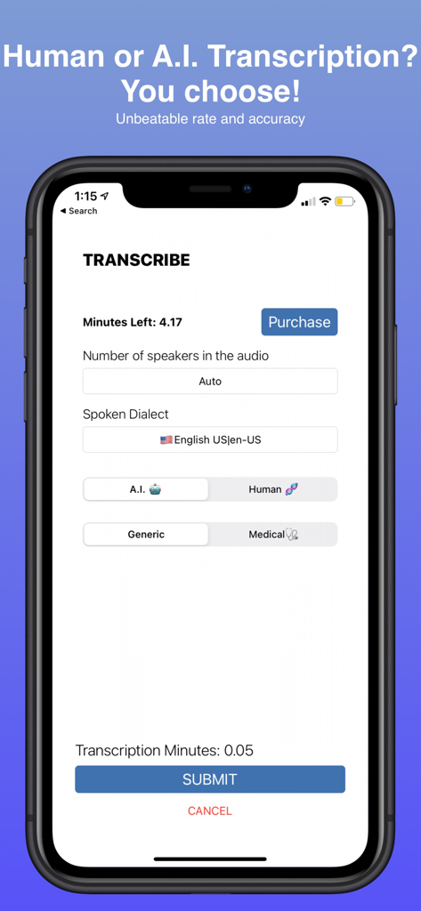 Audio Transcribe - SmartScribe - Pantalla de la aplicación SmartScribe mostrando opciones para transcripción humana IA y médica