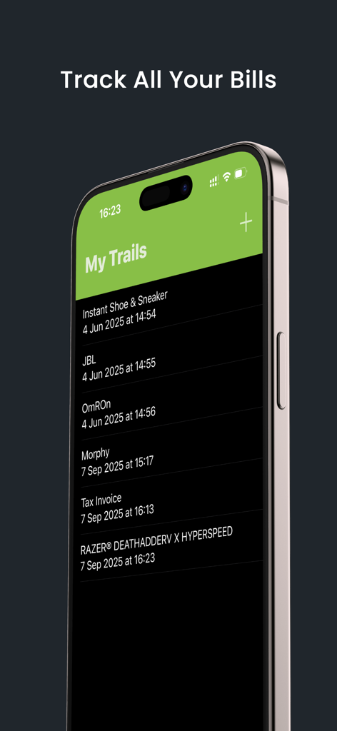 Paper Trail Invoice - Una pantalla de smartphone que muestra la lista Mis Rastros con varias entradas de facturas escaneadas organizadas por fecha y hora en la aplicación Paper Trail Invoice