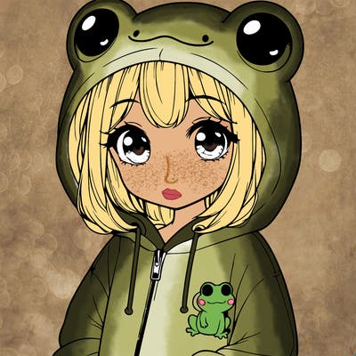 cute realistic girl in a froggy hoodie
