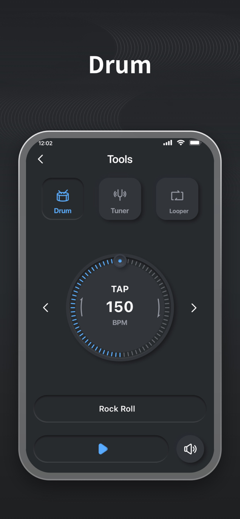MOOER iAMP - MOOER iAMP app drum machine interface showing tempo and style controls for guitar practice