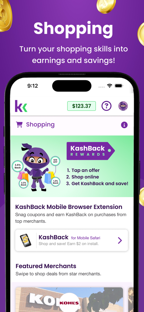 KashKick: Get paid to have fun - Pantalla de la aplicación KashKick que muestra recompensas de compras y opciones para ganar reembolso en efectivo