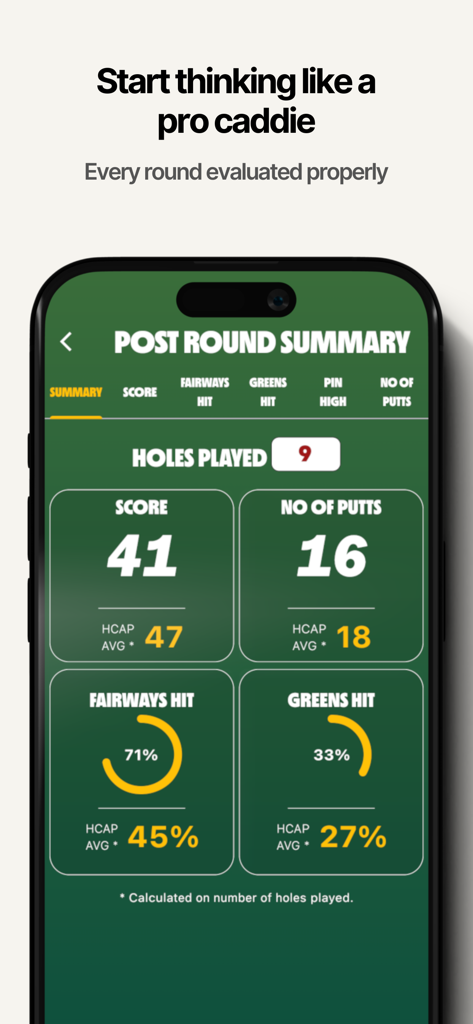 Paddy the Caddie Golf Yardages - Paddy the Caddie golf app post round summary screen showing player performance statistics and handicap averages