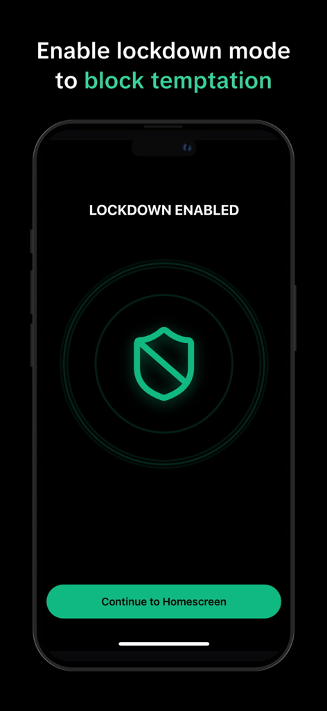 Unload: Overcome Lust with CBT - Interfaz de la aplicación Unload mostrando el modo de bloqueo habilitado con un icono de escudo verde brillante para bloquear las tentaciones digitales.