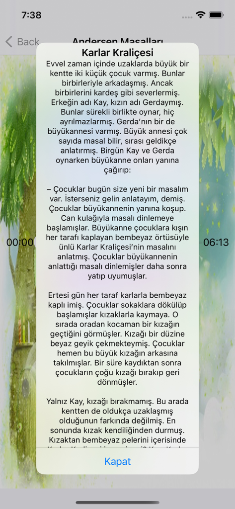 A screenshot of the Masal Oku app showing the text for the Snow Queen story in Turkish
