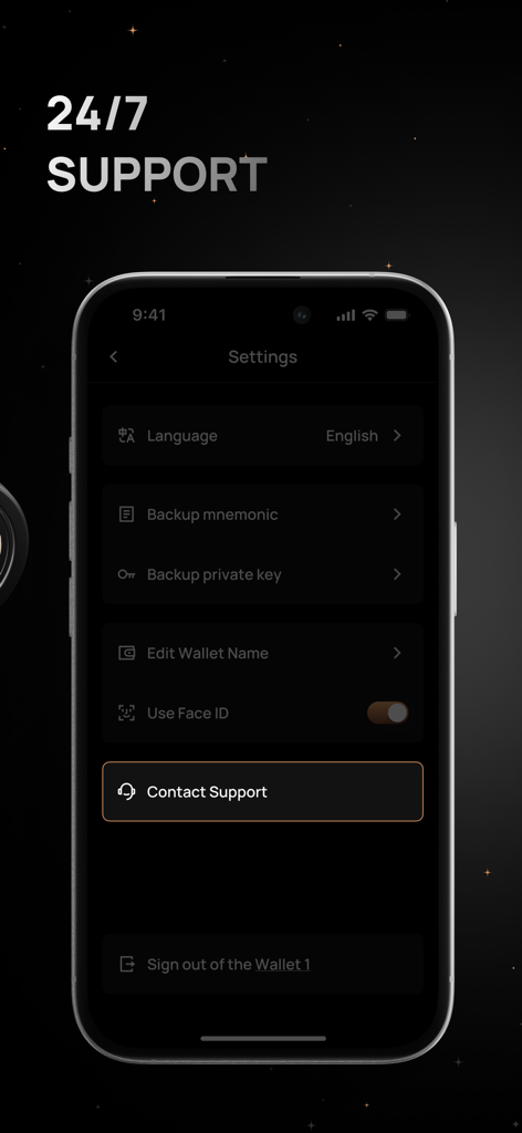 FG Walletアプリの設定画面、24時間年中無休のサポートとセキュリティバックアップオプションが表示される