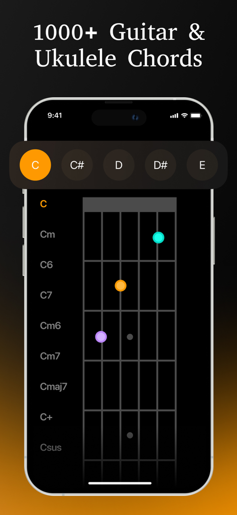 Aplicativo Afinador de Guitarra exibindo uma biblioteca de acordes com um diagrama de escala de guitarra