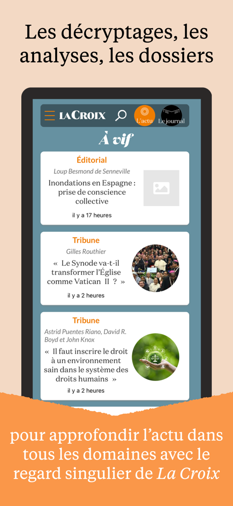 Interface do aplicativo La Croix mostrando a seção de análise e opinião em francês