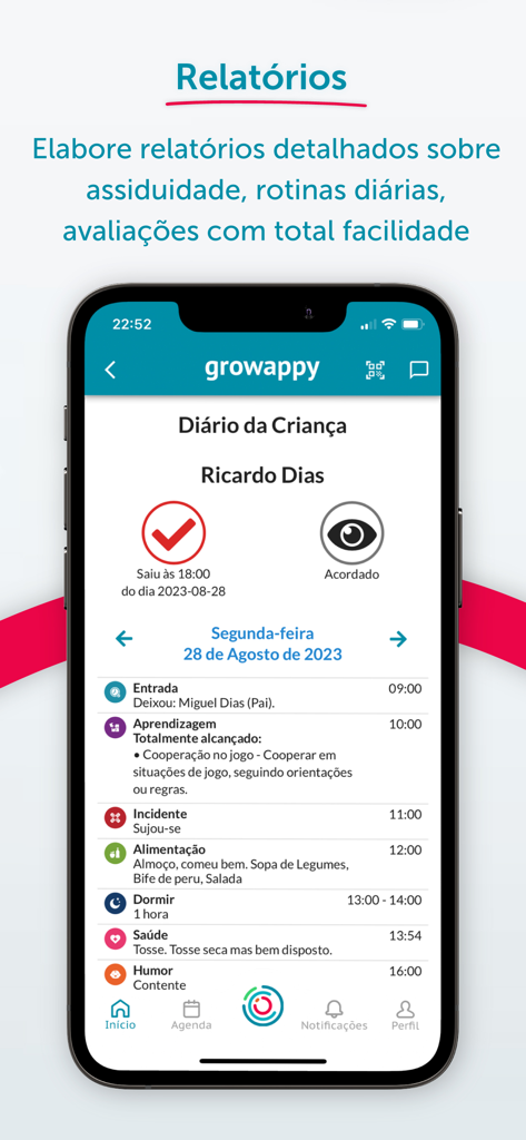 Growappy - Interfaz de la aplicación Growappy que muestra el diario de un niño con registros de actividades para los padres
