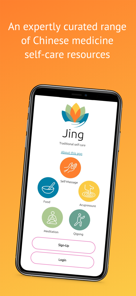 Pantalla de inicio de la aplicación Jing que muestra categorías de autocuidado de medicina china tradicional como digitopresión y qigong