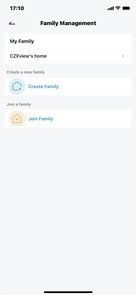 CZEview - Écran de gestion familiale de l'application CZEview montrant les options pour créer ou rejoindre un groupe familial pour le partage de la sécurité domestique