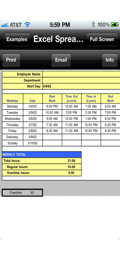 iPhoneでの印刷アプリのExcelスプレッドシートを表示し、印刷やメール送信のオプションがあるスクリーンショット。