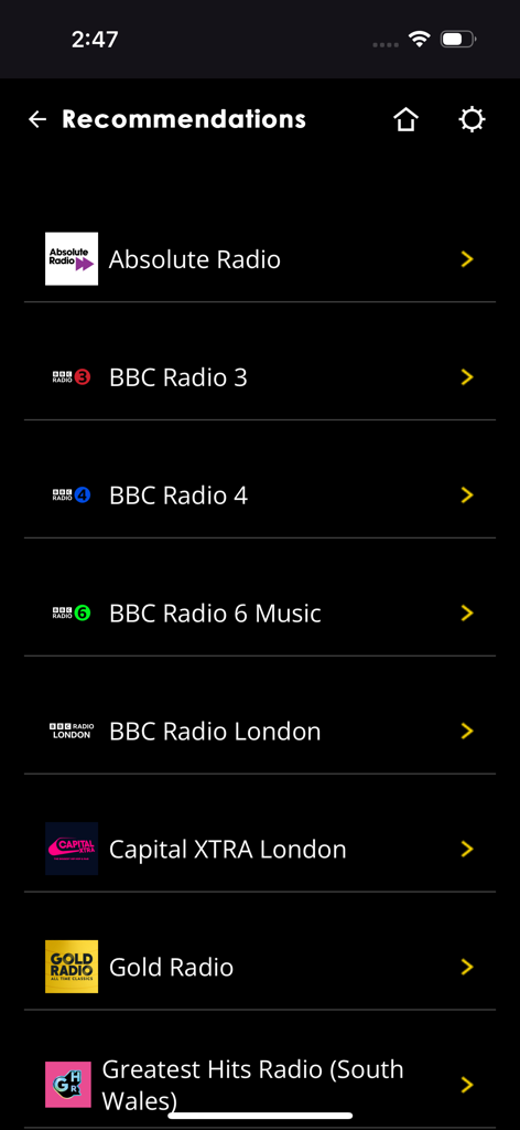 ARCAM Radia - Uma lista de estações de rádio de internet recomendadas na interface da aplicação ARCAM Radia.