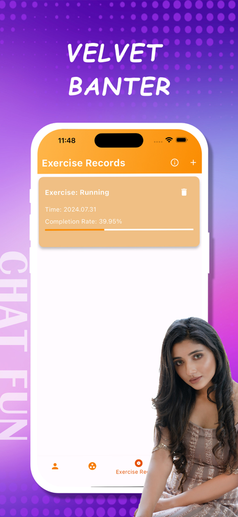 Livo-Chat fun app interface showing exercise records and an AI character.